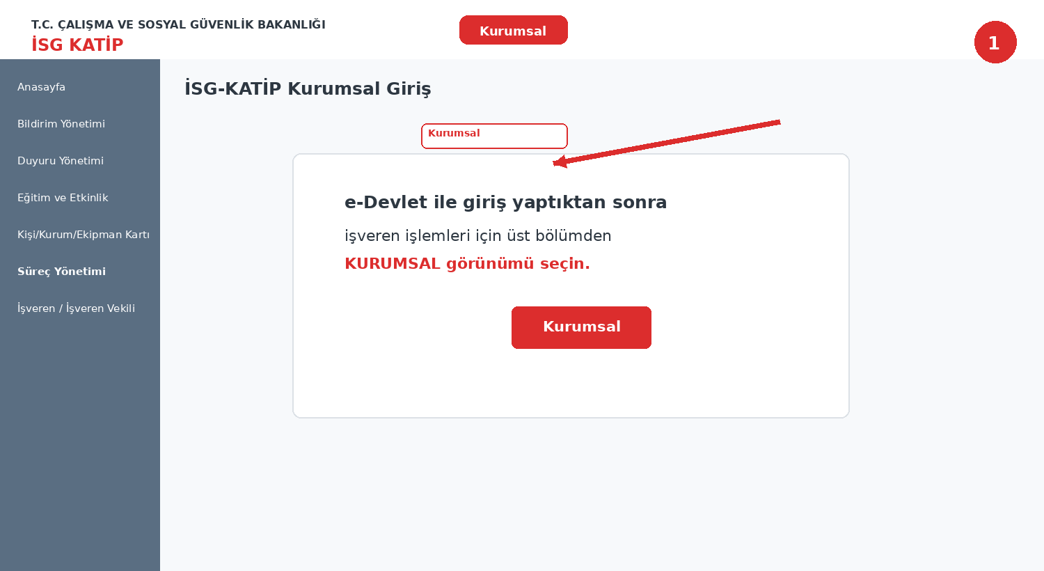 İSG-KATİP güncel kurumsal giriş açıklamalı görünümü