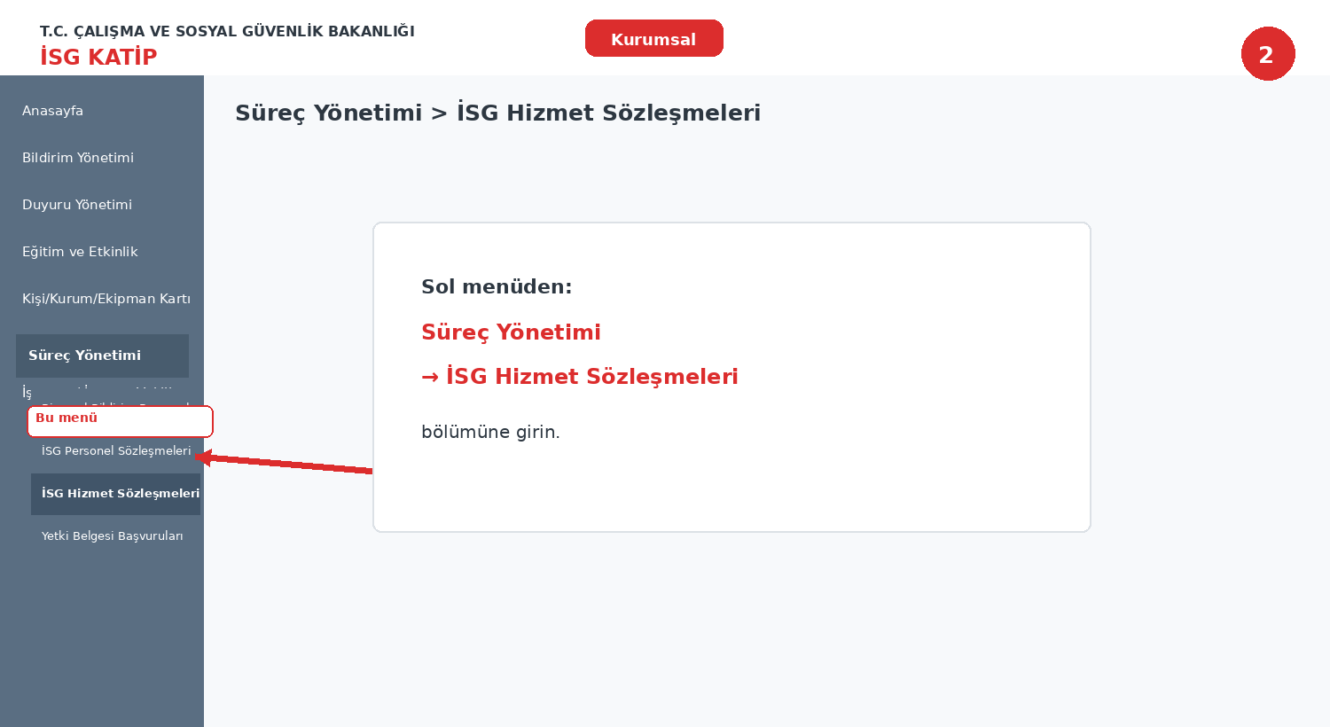 Süreç Yönetimi İSG Hizmet Sözleşmeleri menüsü