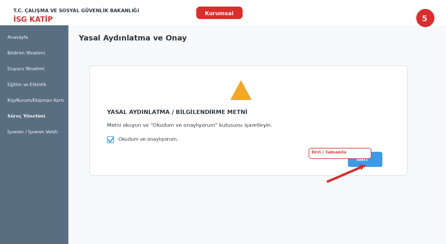 Yasal aydınlatma metni ve onay adımı